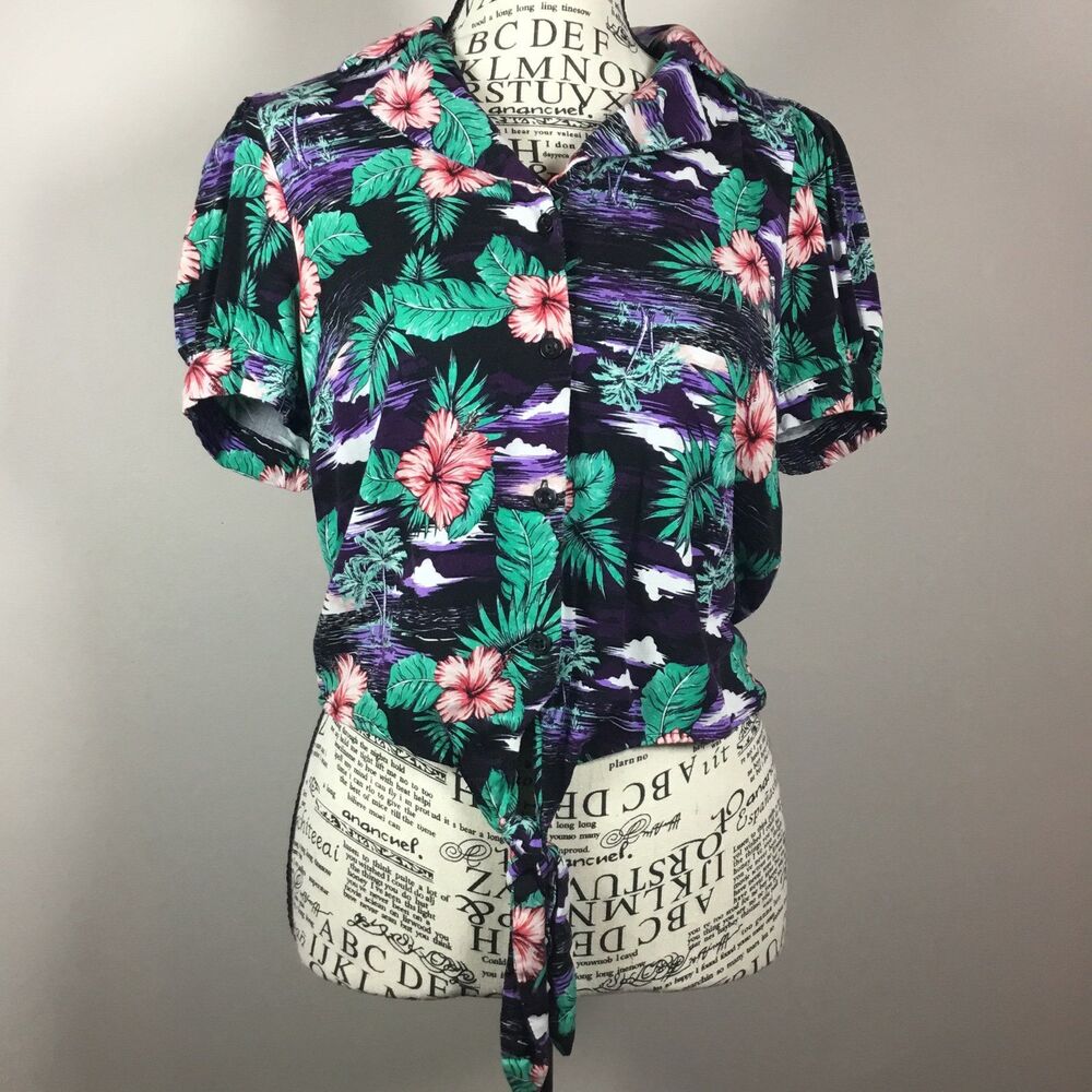 Hot Topic exotic flower button down tie front shirt resort vacation cruise S/M